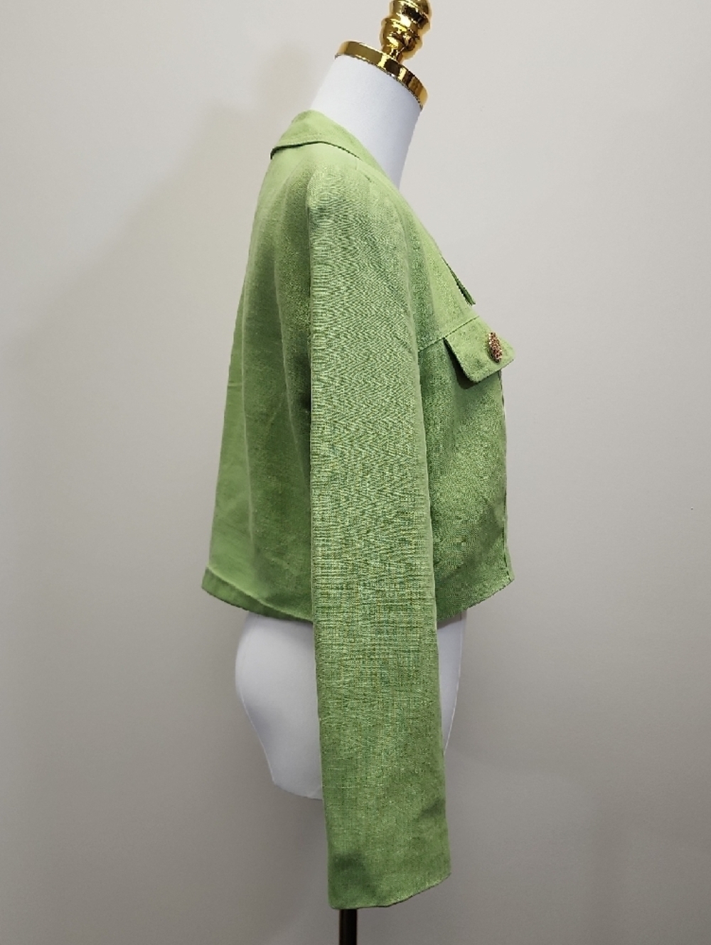Scaasi Lime Green Linen Cropped Jacket Textured Button Blazer Size 12 - Picture 5 of 16